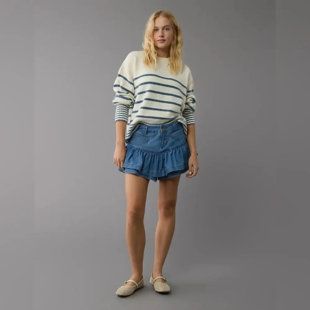 American Eagle Blue Denim Tiered Ruffle Skort Medium Wash Womens Size 10